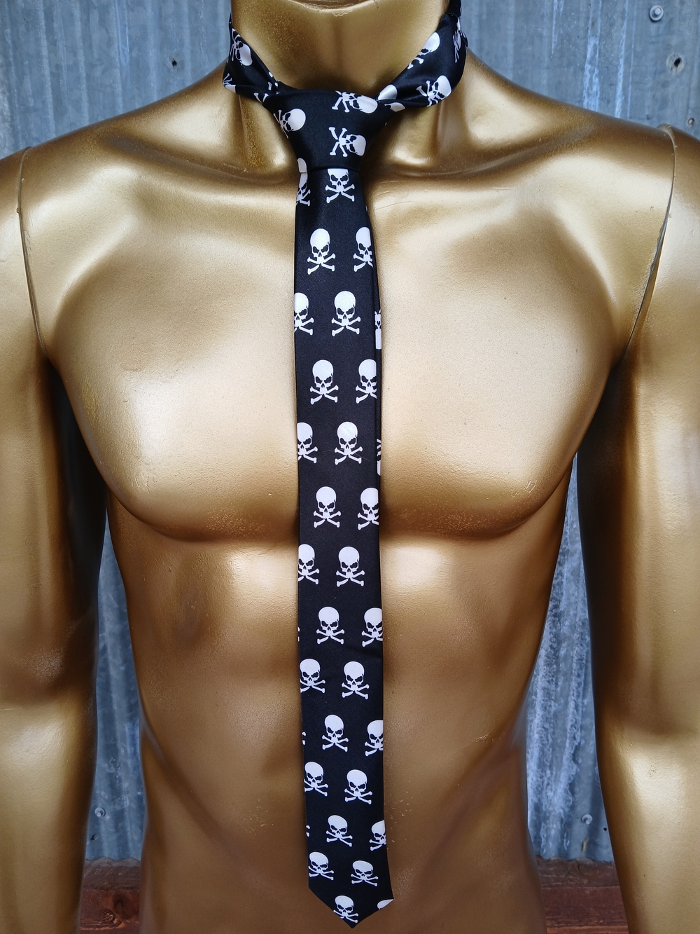 Black Skull Print Skinny Tie Crossbones Pirate Gothic Satin Unisex Punk
